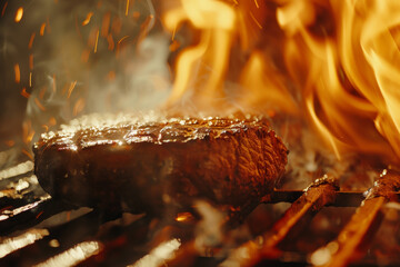 A burger is cooking on a grill, with the flames licking the top of it