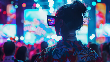 Back-view of a cinematic fashion festival, crowd in futuristic trends, vibrant, lively atmosphere