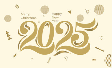 Happy New Year 2025 numbers calligraphy. Trend Christmas element for New Year's eve and Modern New Year 2025 resolutions and Happy wishes with stars and balls vector christmas elements.