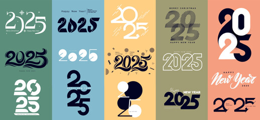 Trend 2025 Happy New Year logo text design big set. Christmas collection of 2025 number design template. Cover of business diary for 2025 with wishes. Brochure vector design template, card, banner.