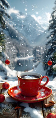 Obraz na płótnie Canvas Coffee cup on a saucer with snowy mountain backdrop