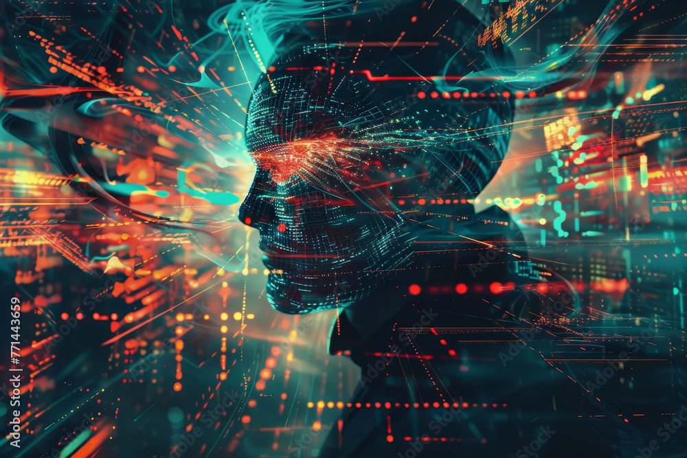 Poster a man's face is shown in a computer generated image with a glowing red eye