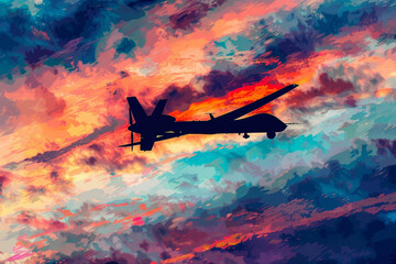 A small airplane is flying through a colorful sky