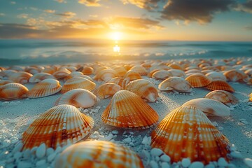 shells on beach and summer time  - obrazy, fototapety, plakaty