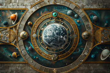 Fototapeta na wymiar Create an AI-rendered scene showcasing a celestial-themed decorative ornament, with planets and celestial bodies arranged in a harmonious dance of abstract shapes and intricate designs