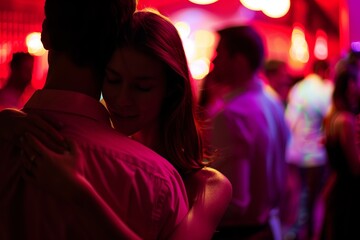 Stylish and beautiful young romantic lovely couple dancing in nightclub, motion blur selective focus reportage flash photography style. Sparkles and glimmers for glamour and excitement atmosphere.