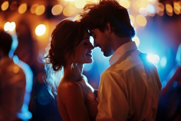 Stylish and beautiful young romantic lovely couple dancing in nightclub, motion blur selective focus reportage flash photography style. Sparkles and glimmers for glamour and excitement atmosphere.