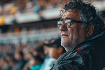 A man with glasses is sitting in a stadium watching a game