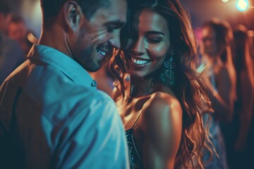 Stylish and beautiful young romantic lovely couple dancing in nightclub, motion blur selective focus reportage flash photography style. Sparkles and glimmers for glamour and excitement atmosphere. - obrazy, fototapety, plakaty