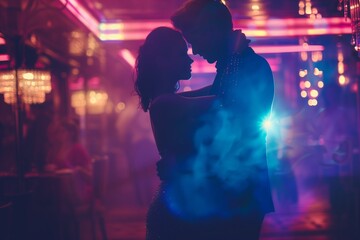 Stylish and beautiful young romantic lovely couple dancing in nightclub, motion blur selective focus reportage flash photography style. Sparkles and glimmers for glamour and excitement atmosphere. - obrazy, fototapety, plakaty