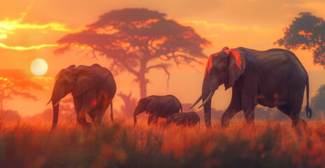 An elephant family is walking through the savannah at dusk, with tall grass and acacia trees in the background