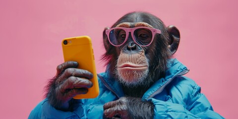 A chimpanzee wearing a hoodie is looking at a smartphone. - obrazy, fototapety, plakaty