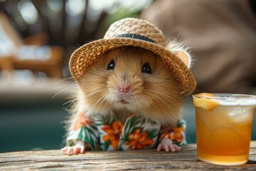 A hamster spending summer in the swimming pool. The hamster is wearing a Hawaiian t-shirt.
