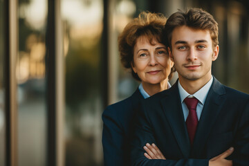 A confident mother and her young adult son in formal business suits pose with assurance outside a modern office building