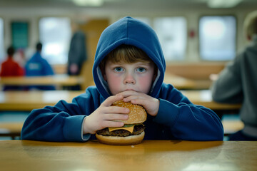 A pensive young boy in a blue hoodie intently focuses on his hamburger at a cafeteria table