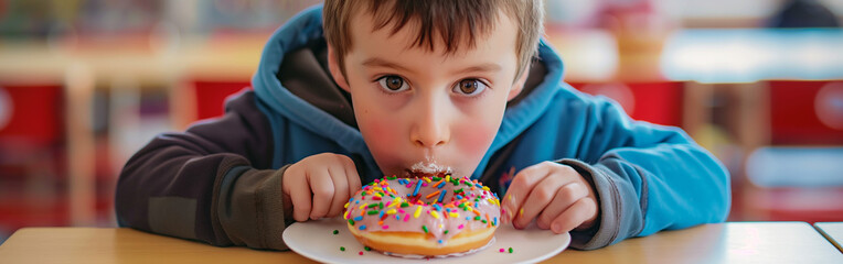 Wide-eyed young boy in a blue hoodie eating a colorful sprinkled donut, focused intently on the treat