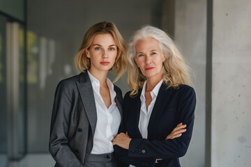 A poised mother and daughter in professional suits exhibit strength and partnership in a corporate setting