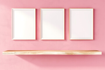 Three blank white picture frames hung evenly on a pink wall above a natural wood shelf, offering a minimalistic and clean decor