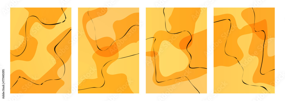 Poster set of abstract backgrounds with various curved orange colored shapes and black lines for creative g