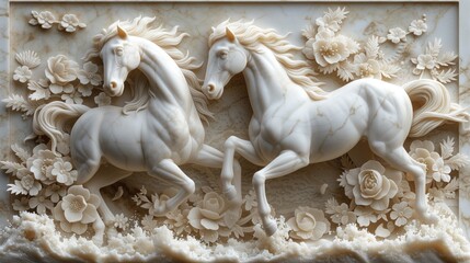 Plakaty  white stone horses on the wall, marble background