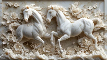 Gordijnen white stone horses on the wall, marble background © Olexandr