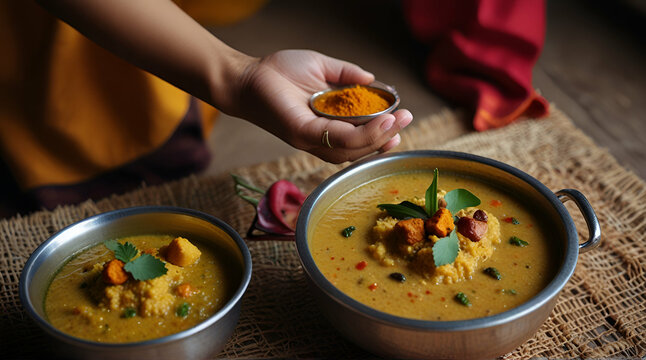 Ven Pongal Khara Pongal Sambar coconut chutney woman hand serving Indian breakfast food Tamil Nadu festival Pongal Sankranti Diwali spicy.generative.ai