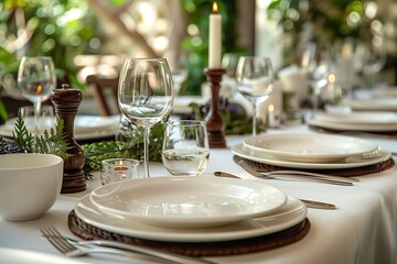 Fototapeta premium a beautiful set table for a dinner, closeup on the plate glasses and silverware