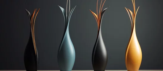 Wandcirkels tuinposter A collection of vases displayed on a table, showcasing different shapes and sizes. Each vase holds a unique plant, creating a beautiful display of art and nature © AkuAku