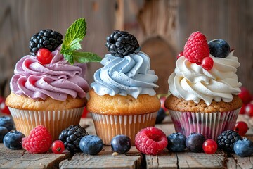 Tasty cupcakes with butter cream and ripe berries on wooden table - obrazy, fototapety, plakaty