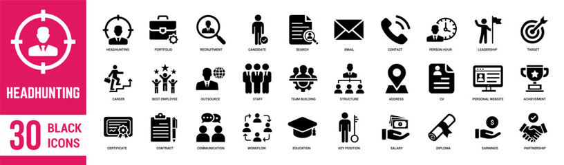 Headhunting thin line icons set. Candidate, Recruiting, career path, resume, job hiring and leadership. Vector illustration