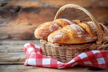 Fototapeten Freshly baked bread with red napkin in basket on wooden table © Alina