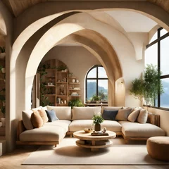 Fotobehang Ultra realistic  photo of Modern take on  bali inspired low ceiling small apartment white cream stone, light wood round arches interor view of living room with shelving. © Razzaqvirk