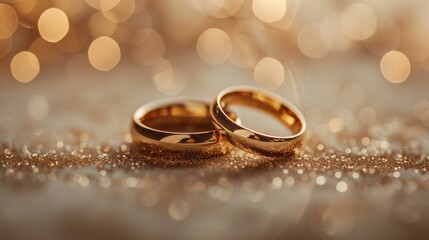 Obraz na płótnie Canvas Wedding rings on golden background with bokeh effect.