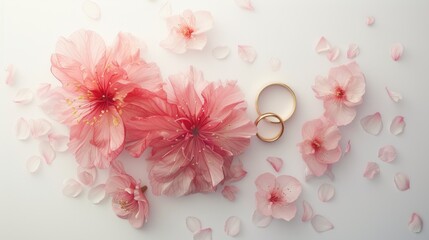 Wedding rings and flowers on beautiful background