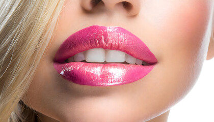 Close up portrait of female lips with pink gloss shiny lipstick. Beauty woman makeup.