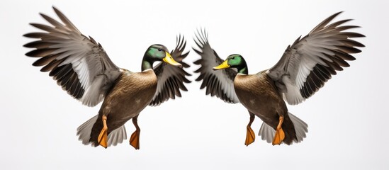 Fototapeta premium Two mallard ducks are soaring through the sky, showcasing their majestic wingspan. These waterfowl species are known for their distinctive beaks and beautiful feathers