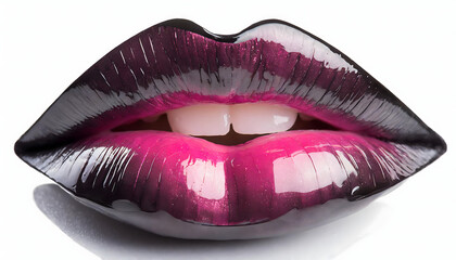 Isolated female lips with pink gloss shiny lipstick on white background.