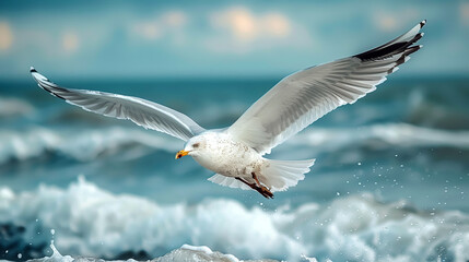 The seagull is soaring gracefully along the beach shore.