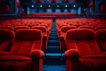 Imagine an empty cinema hall where the elegance of simplicity reigns supreme, with minimalist decor, subtle color palettes