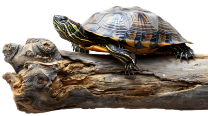 A turtle walking on a log isolated on a transparent background, PNG, Ai