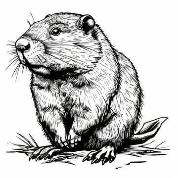 A highly detailed black and white illustration of a groundhog, depicted in a natural and alert posture.
