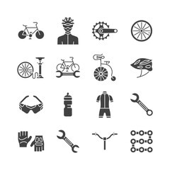 Bicycle glyph icon set. Bike symbol collection with bicyclist, wheel, bicycle pump, lock, glasses, handlebar, wrench. Vector illustration of repair service.