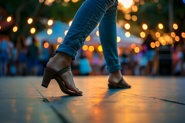 a pair of feet dancing to the rhythm of live music at an outdoor concert in the city park
