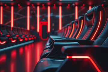 Produce a digital masterpiece depicting a futuristic cinema hall characterized by its seamless integration of technology and design, with close-up shots highlighting the sleek lines and futuristic mat - obrazy, fototapety, plakaty