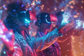 A group of diverse people collaborating in a virtual reality environment, wearing headsets and interacting with holographic projections