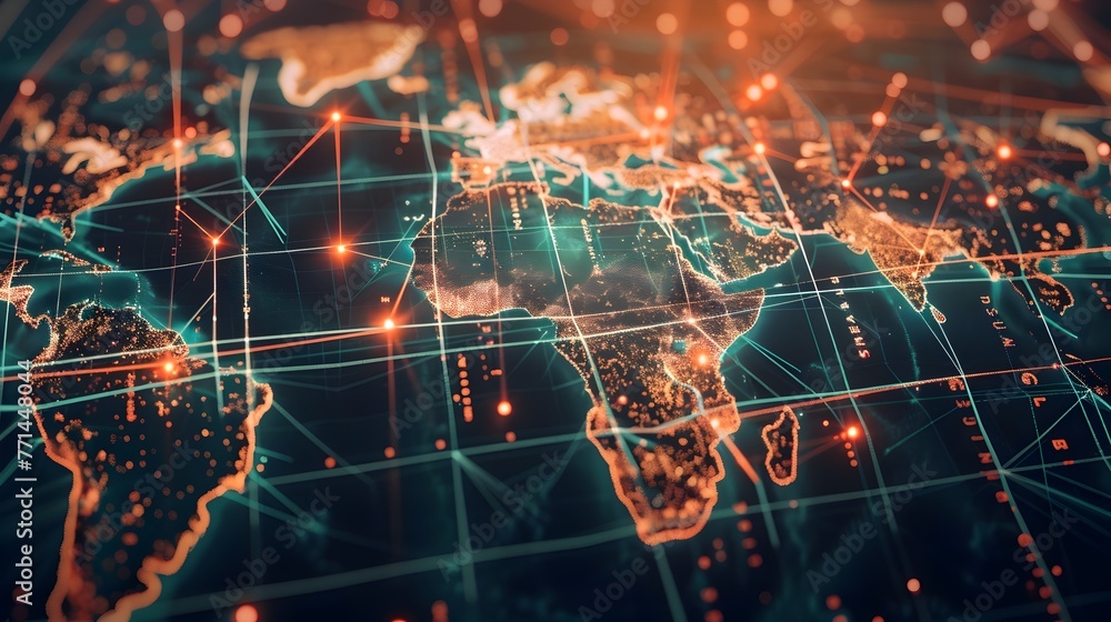 Poster interconnected global corporate network visualized on illuminated world map