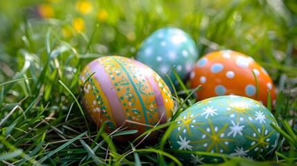 Beautifully Decorated Easter Eggs Nestled in Soft Green Grass,Symbolizing Renewal and Life