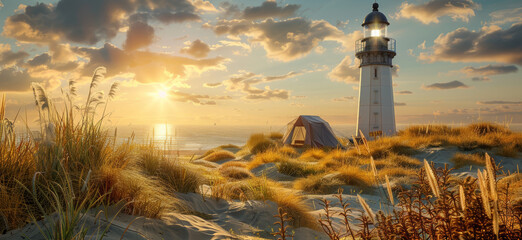 Sunset at a beach with a lighthouse and a tent amidst the dunes, serene travel destination. - obrazy, fototapety, plakaty