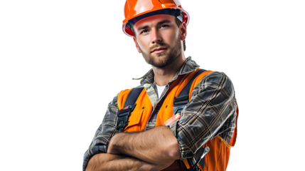 Bold construction worker isolated on a transparent background, PNG, Ai
