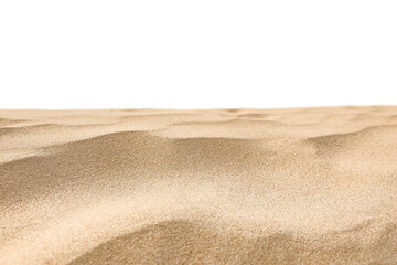 The surface is made of sea sand. Isolated. On a white van. Natural, summer background. The backdrop. shore, beach. A place for the product. The dunes. Isolated sand. Copy space